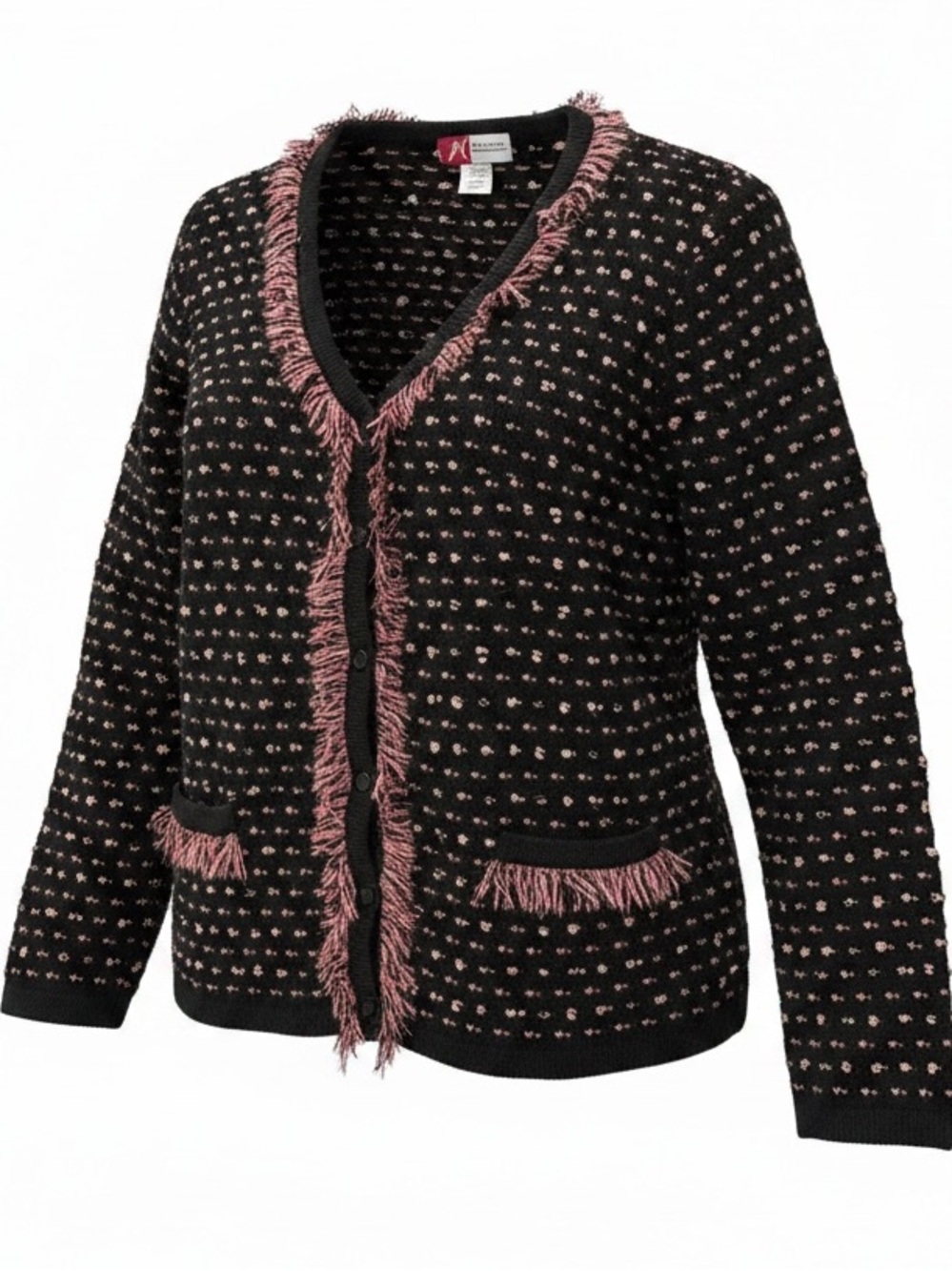 JM Frayed-Trim V-Neck Knit Cardigan Button Closure Black w Pink Accent SZ XL EUC